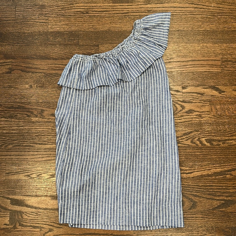 Madewell blue and white striped one shoulder dress